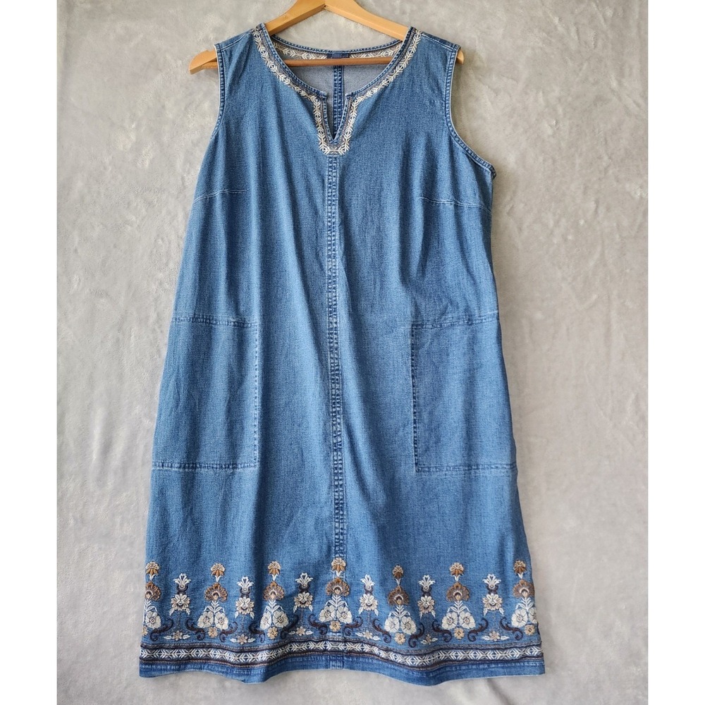 J. Jill Denim Dress Womens Size XL Embroidered Flowers Trim Blue Jean Pockets